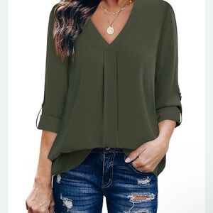 Youtalia Women's Olive Green V-Neck Blouse